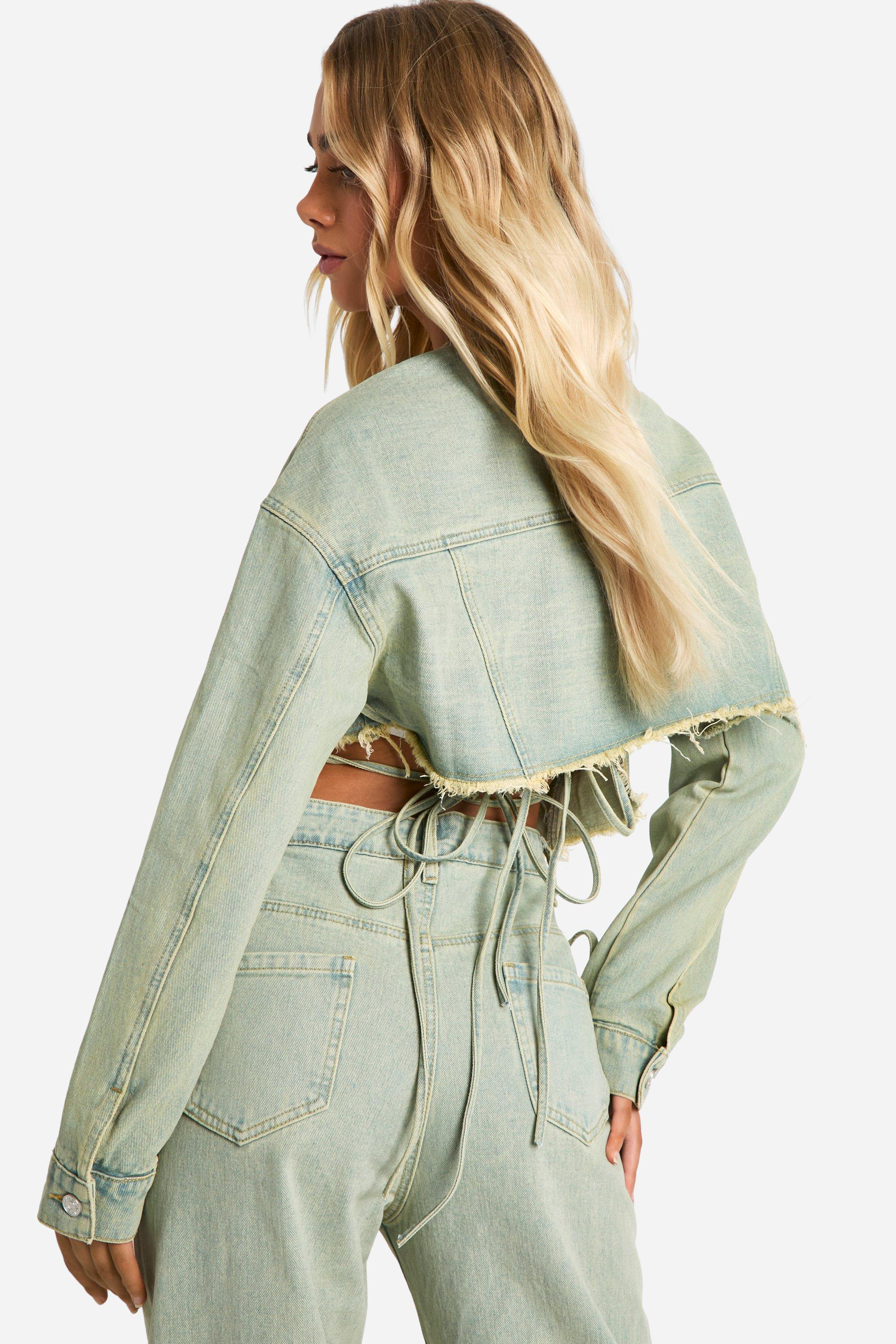 Fray Hem Tie Waist Detail Crop Denim Jacket | boohoo USA